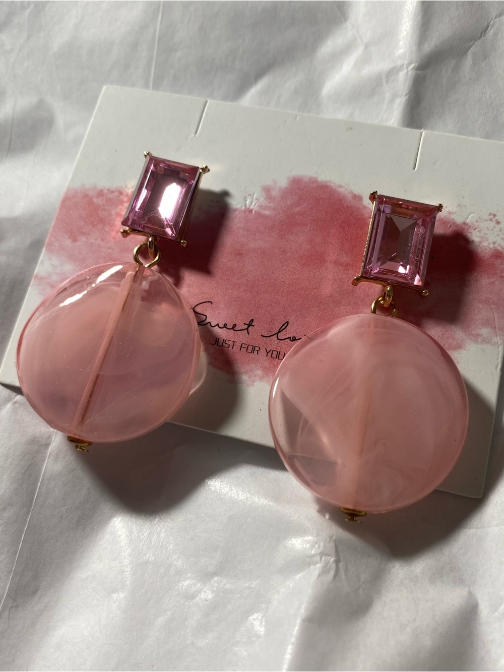 Gold-Tone Pink Gemstone Drop Earrings with Rosy Resin Discs